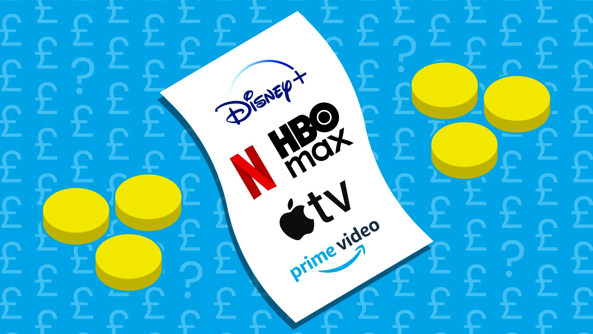 A letter with streaming service logos on it and some coins beside. Behind runs some £ and ?.